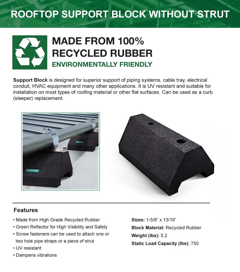 Highcraft STC-10 Rooftop Pipe Support Block-Sleeper Curb Replacement-Solid Conduit Standoff Cradle-750 lb. Capacity High Grade Recycled Rubber, 5-3/4 x 10 in., Without Strut, Black - Image 2
